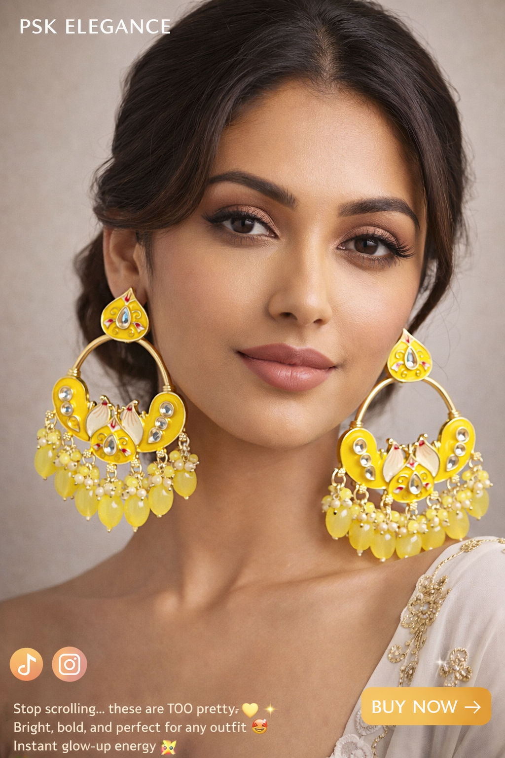 Sunshine Yellow Chandbali Earrings with Pearl Drops