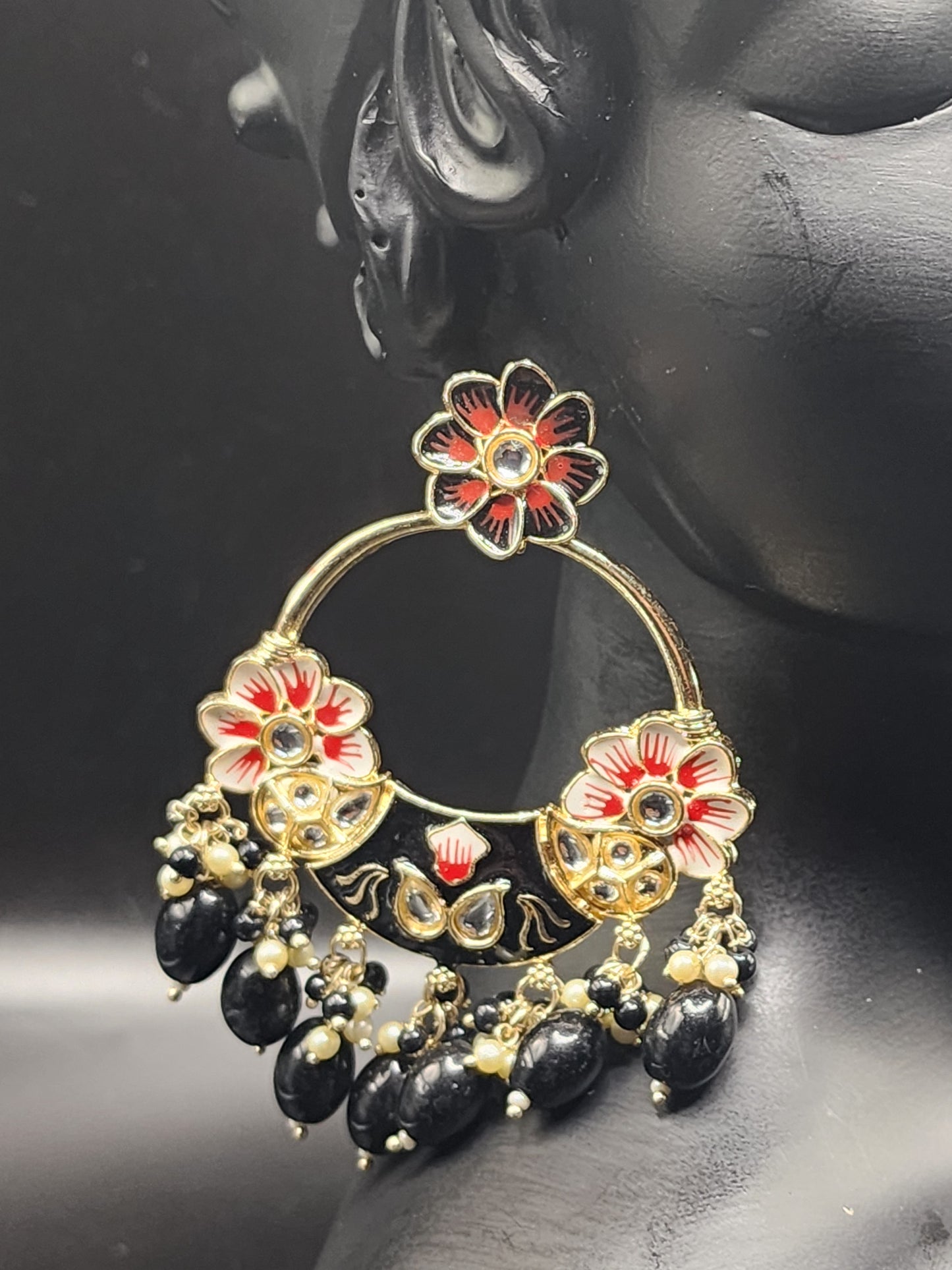 Black & Red Floral Chandbali Earrings with Pearl Drops