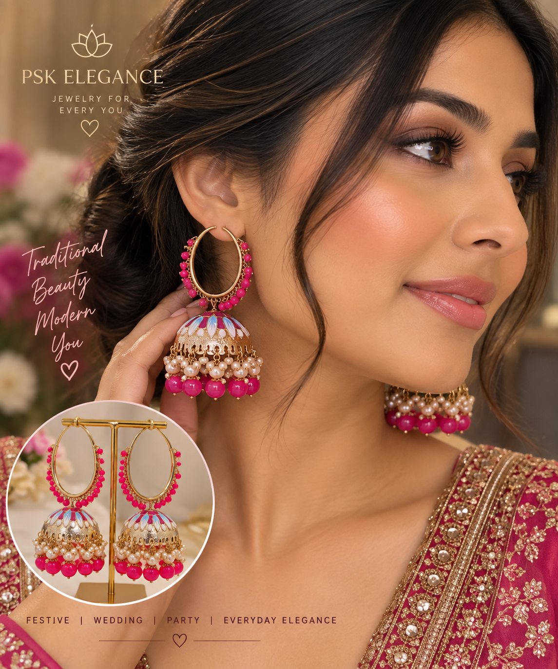 Pink & Blue Meenakari Hoop Jhumka Earrings | Pearl Statement Earrings