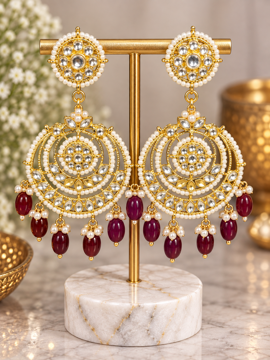 Gold & Burgundy Kundan Pearl Chandelier Earrings