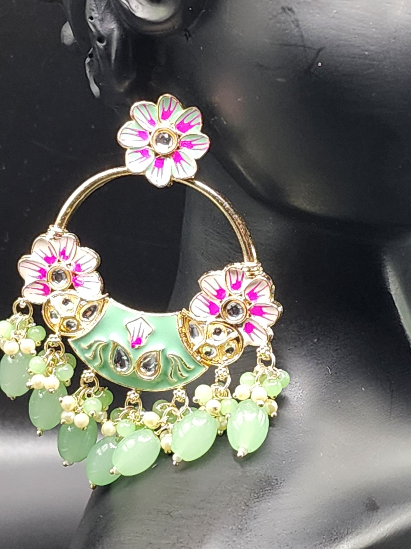 Mint & Pink Floral Chandbali Earrings with Pearl Drops