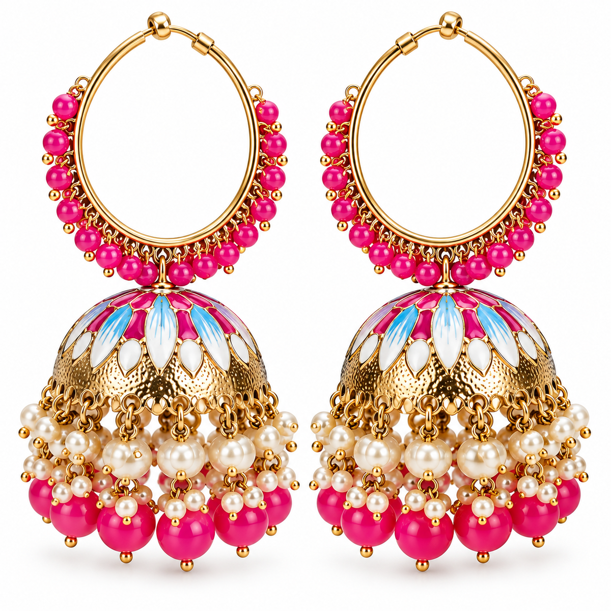 Pink & Blue Meenakari Hoop Jhumka Earrings | Pearl Statement Earrings
