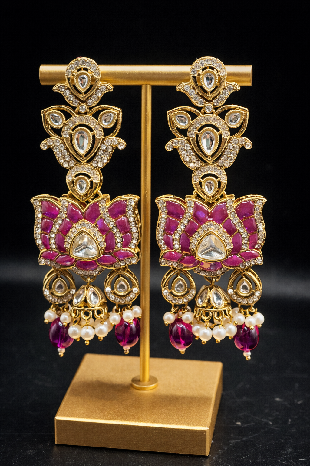Lotus Kundan Statement Earrings – Pink & Gold Edition