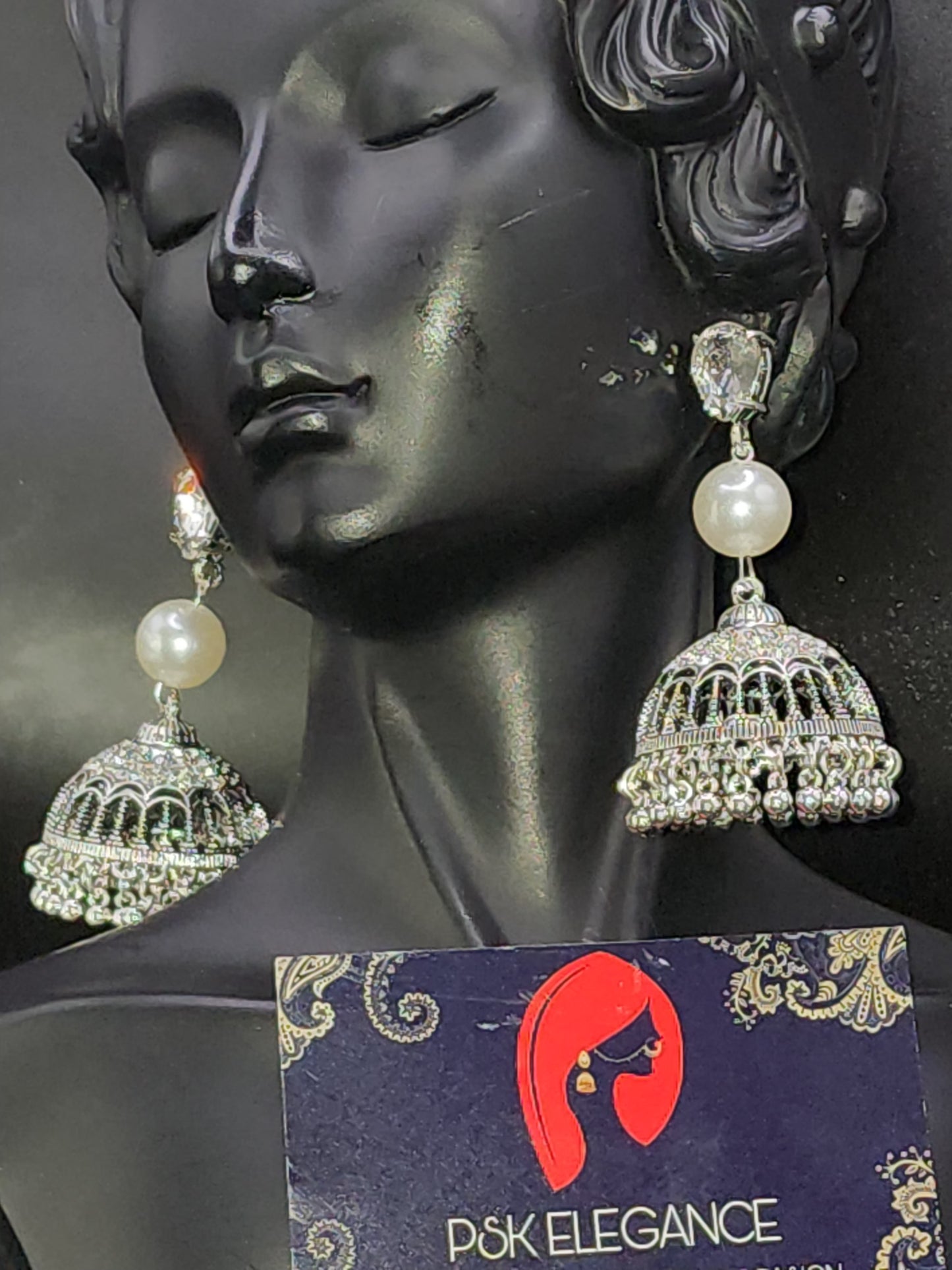 Silver Crystal Jhumka Statement Drop Earrings