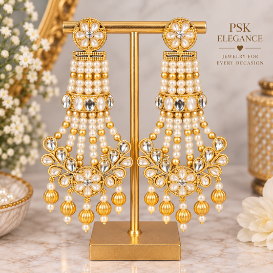 White Pearl & Gold Statement Earrings