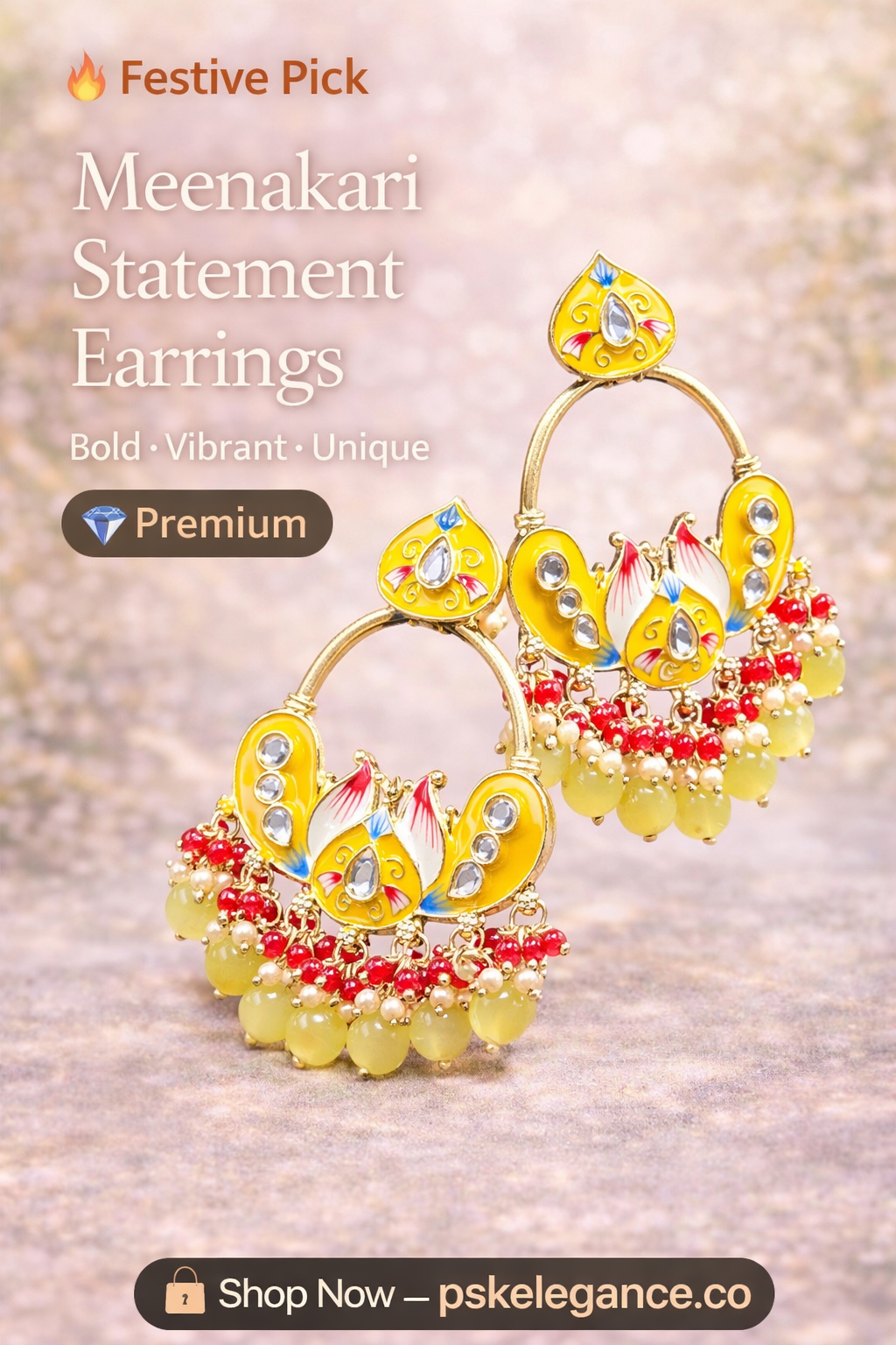 Yellow Meenakari Statement Earrings with Beaded Drops – Festive Luxe