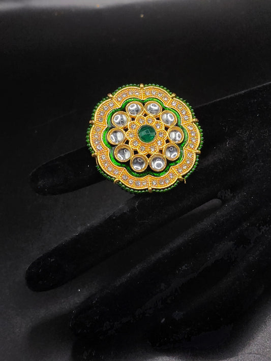 PSK ELEGANCE Green Kundan Mirror Statement Ring | Gold Enamel Adjustable Festive Cocktail Ring for Women