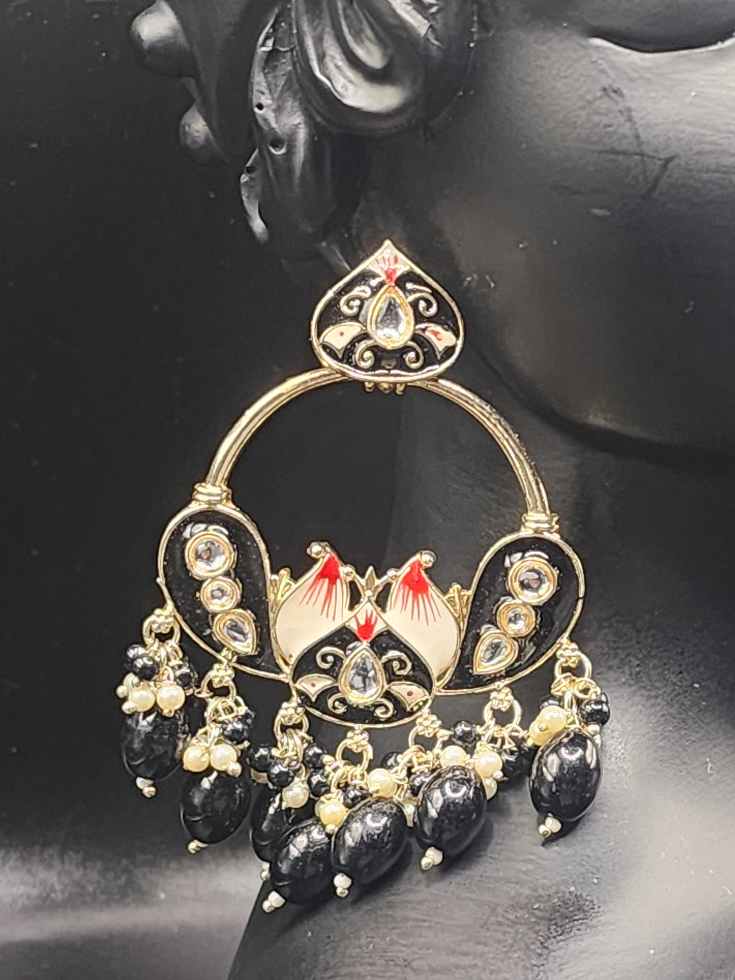 Black Meenakari Statement Hoop Earrings with Pearl & Beaded Drops – Elegant Luxe