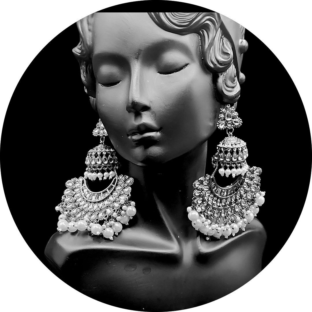 PSK ELEGANCE Oxidized Silver Kundan Chandbali Earrings | Pearl Drop Statement Ethnic Jewelry