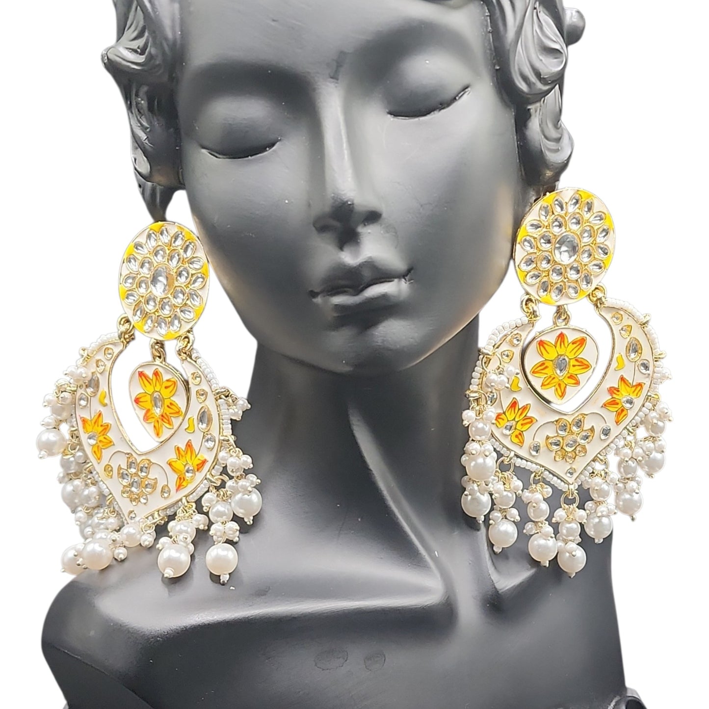 PSK ELEGANCE Ivory Meenakari Heart Chandbali Earrings | Floral Kundan Pearl Drop Statement Jewelry