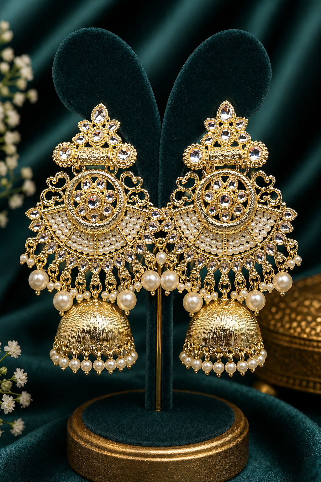 Gold Kundan Pearl Chandbali Jhumka Earrings | Indian Bridal & Festive Statement Earrings