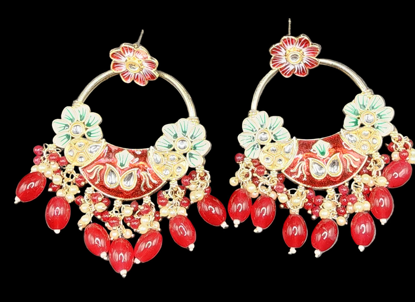 Red Floral Meenakari Statement Hoop Earrings with Bead Drops – Festive Luxe