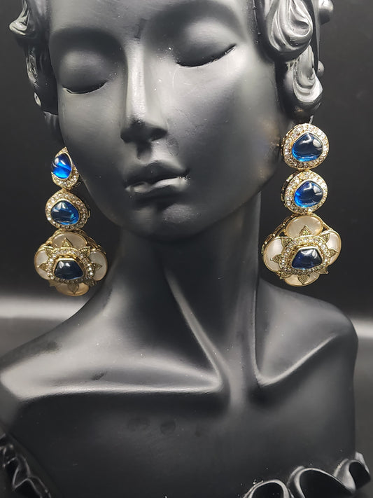 Sapphire Blue Kundan Floral Drop Earrings – Elegant Statement Luxe