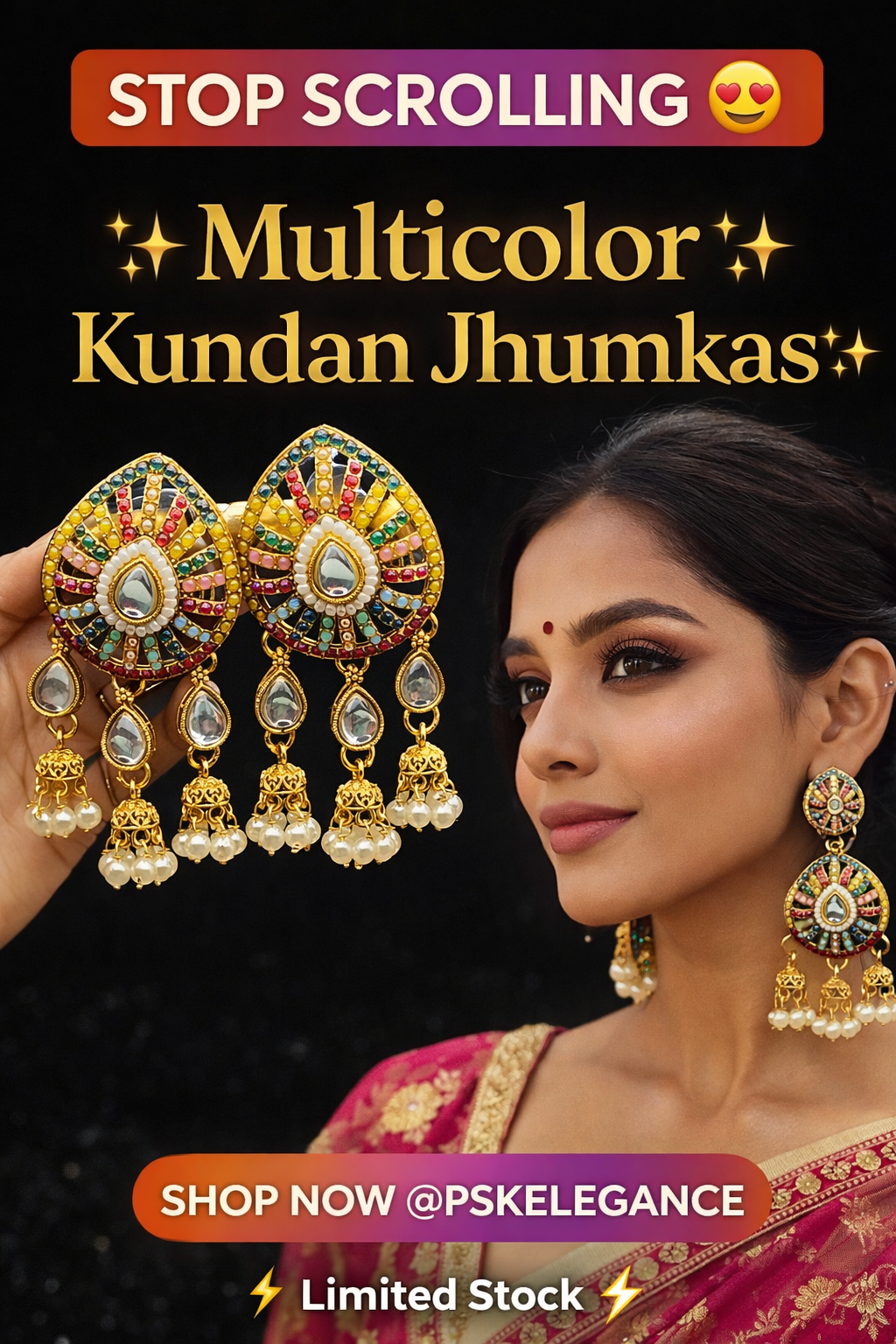 Multicolor Kundan Jhumka Drop Earrings with Pearl Danglers