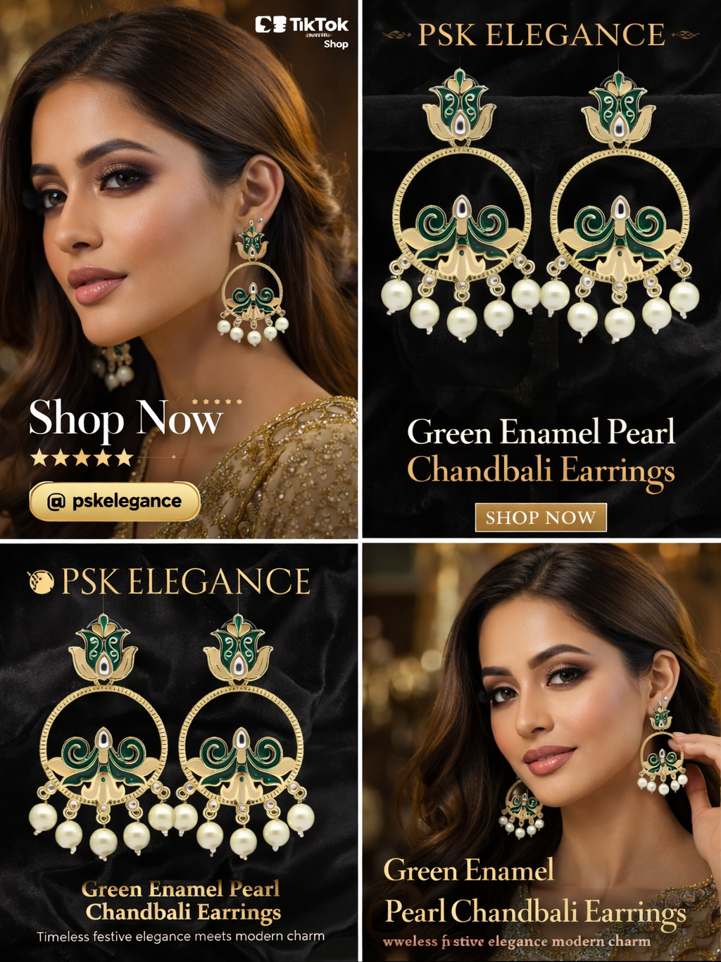 PSK ELEGANCE Green Enamel Pearl Chandbali Earrings ✨