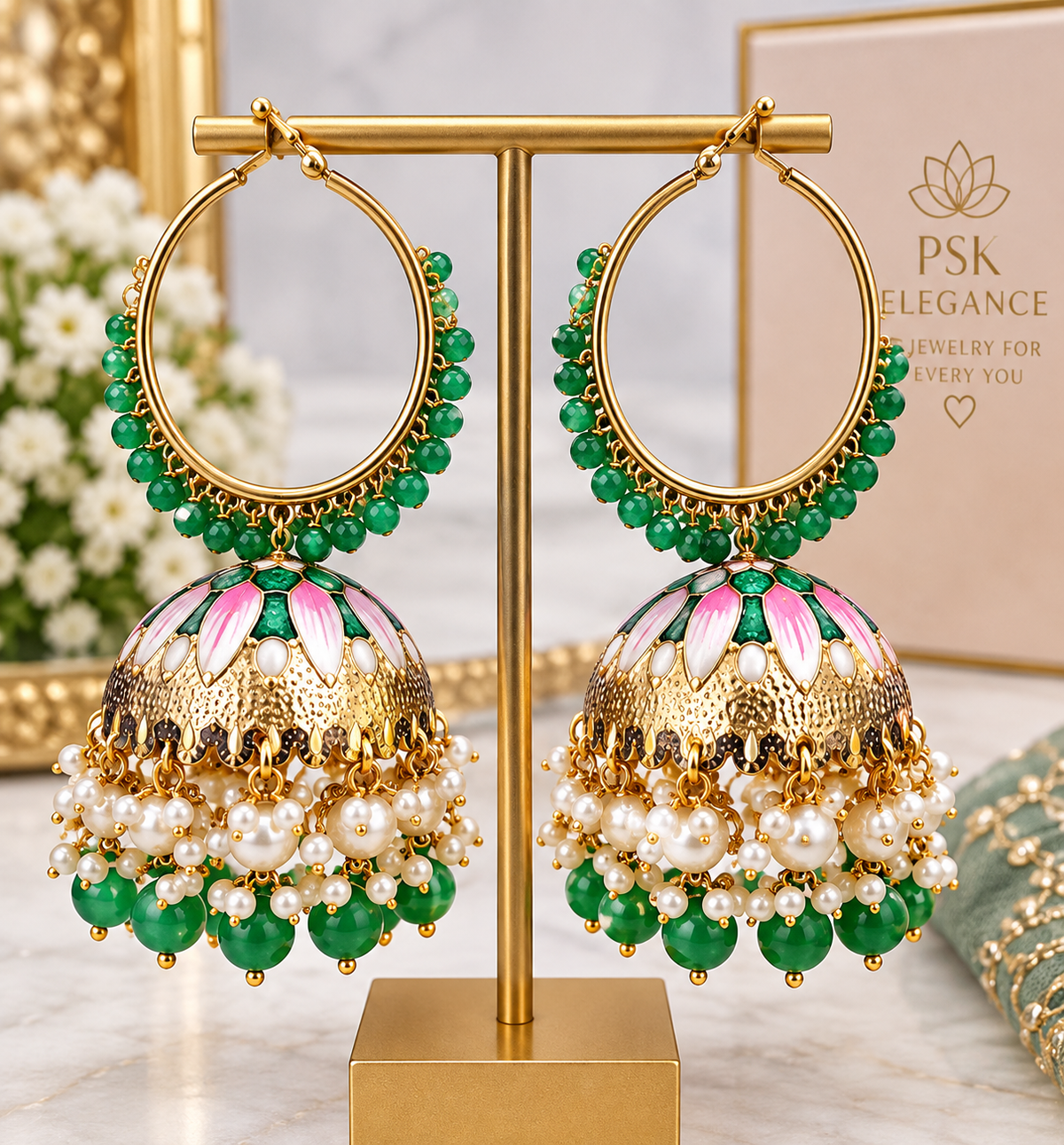 Green & Pink Meenakari Jhumka Earrings