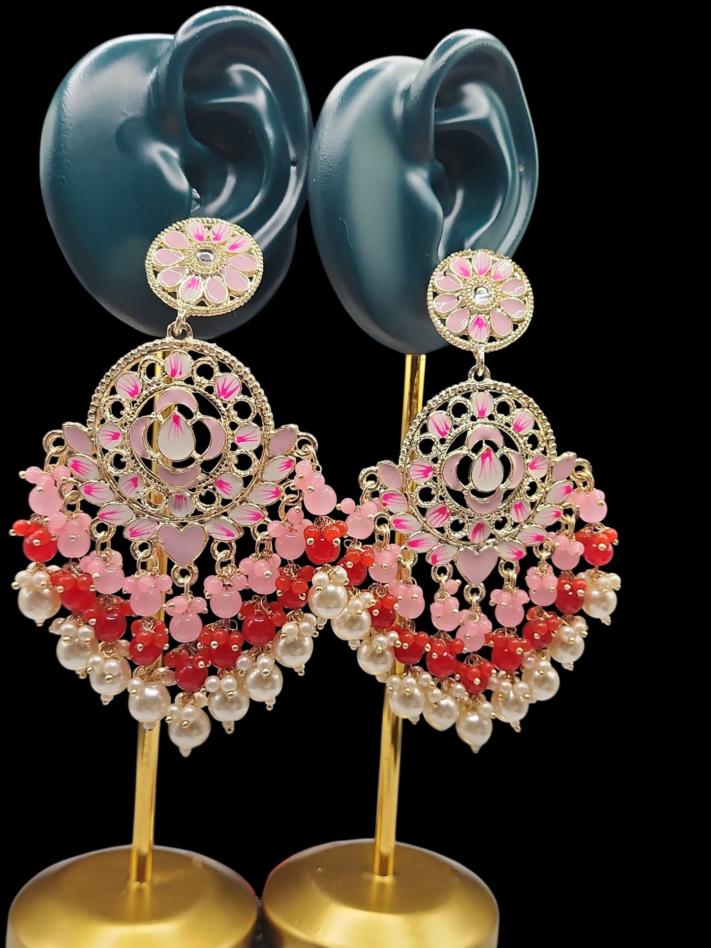 Pink Red Floral Chandbali Earrings | Pearl Bead Indian Statement Earrings
