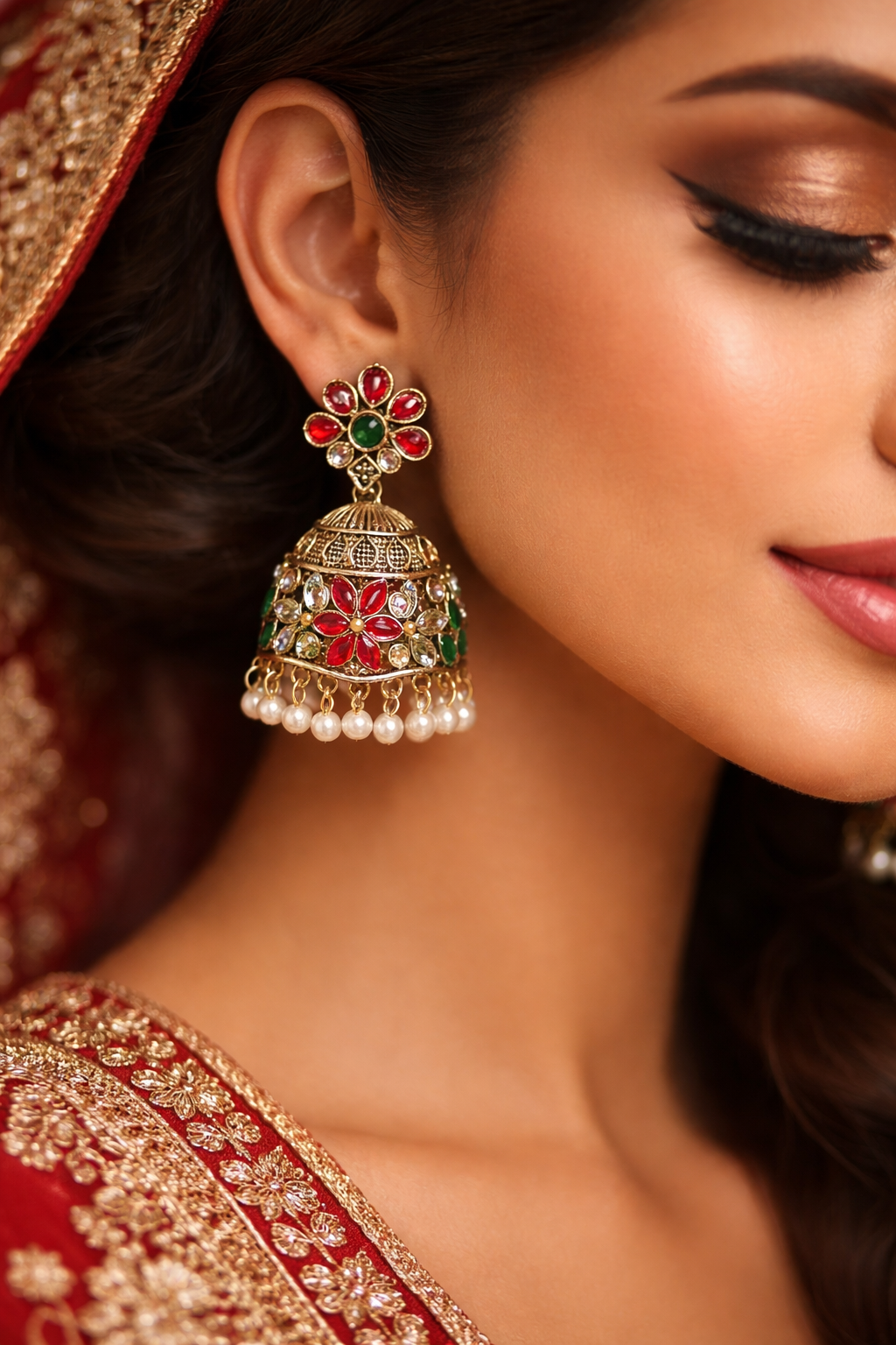 Handcrafted jhumkas featuring rich ruby tones, emerald accents, and delicate pearl drops ❤️