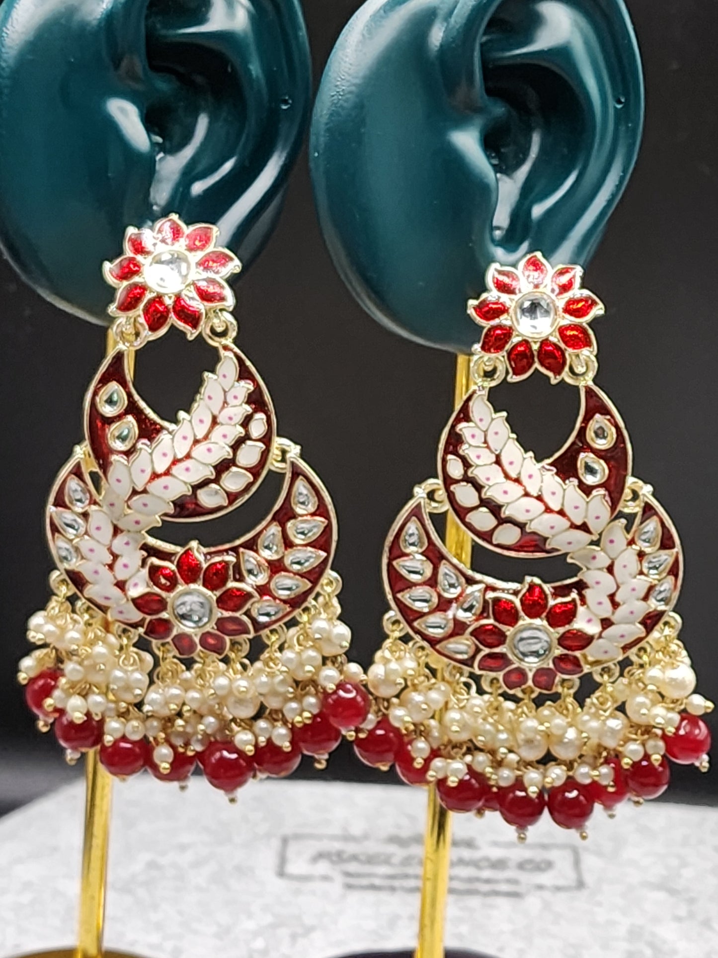Red Floral Kundan Chandbali Earrings with Pearl & Bead Drops