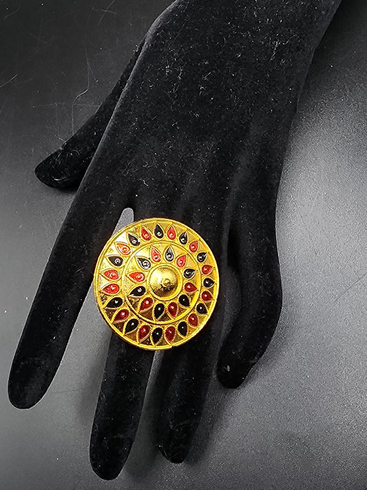 PSK ELEGANCE Antique Gold Round Statement Ring | Red & Black Enamel Traditional Adjustable Ring for Women