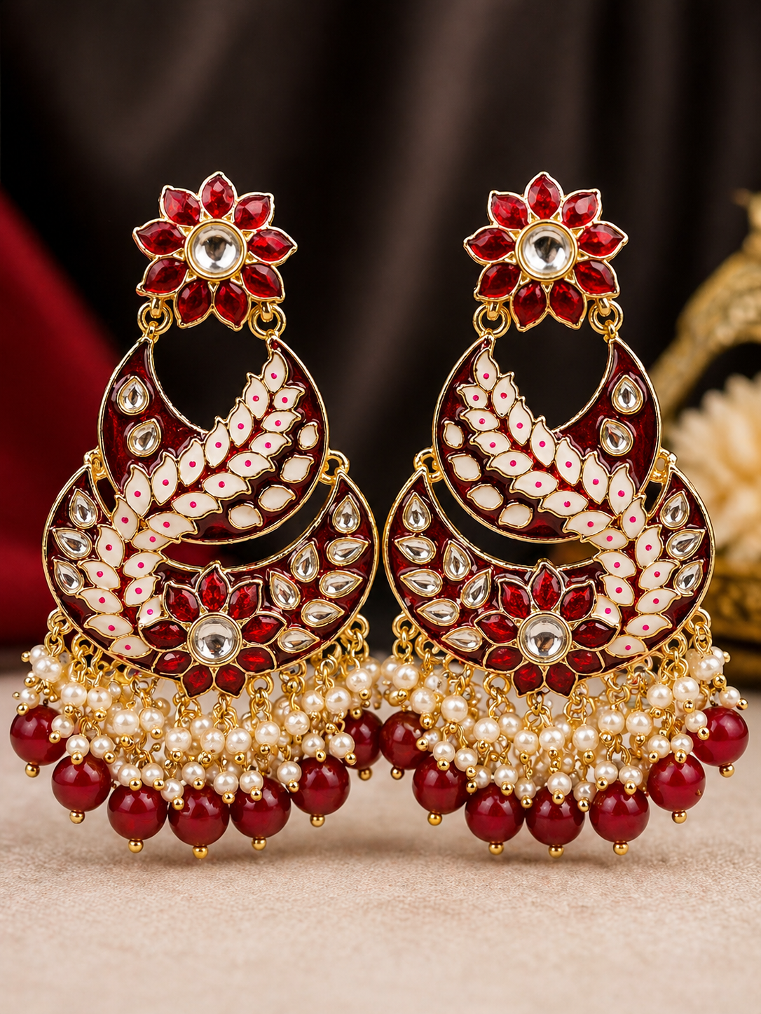 Red Floral Kundan Chandbali Earrings with Pearl & Bead Drops