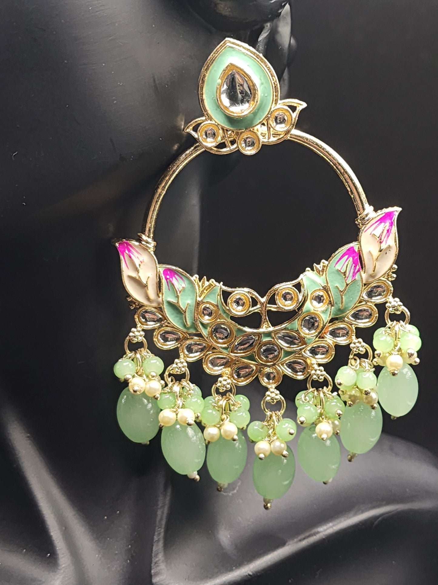 Mint Green Meenakari Statement Hoop Earrings with Beaded Drops – Fresh Luxe