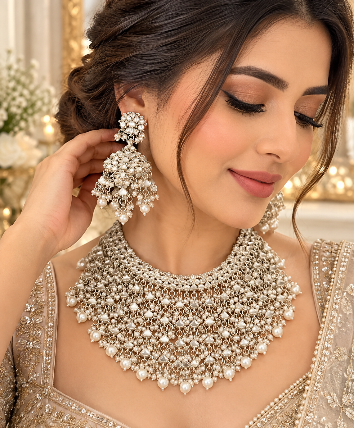 Silver Pearl Statement Choker Necklace Set | Indian Bridal Jewelry