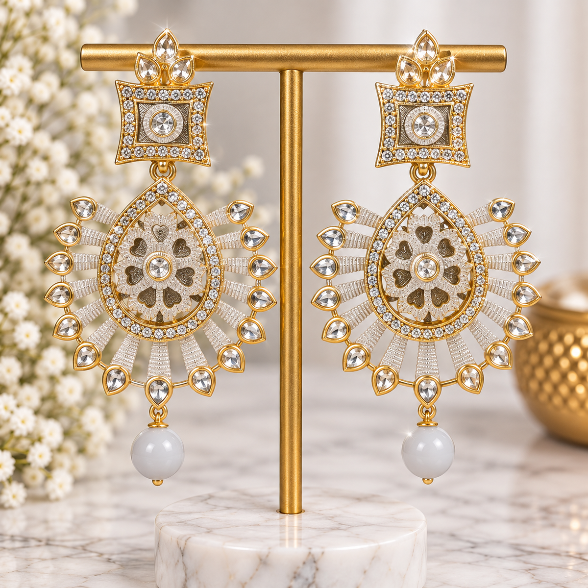 Kundan & Silver Grey Crystal Pearl Chandelier Earrings