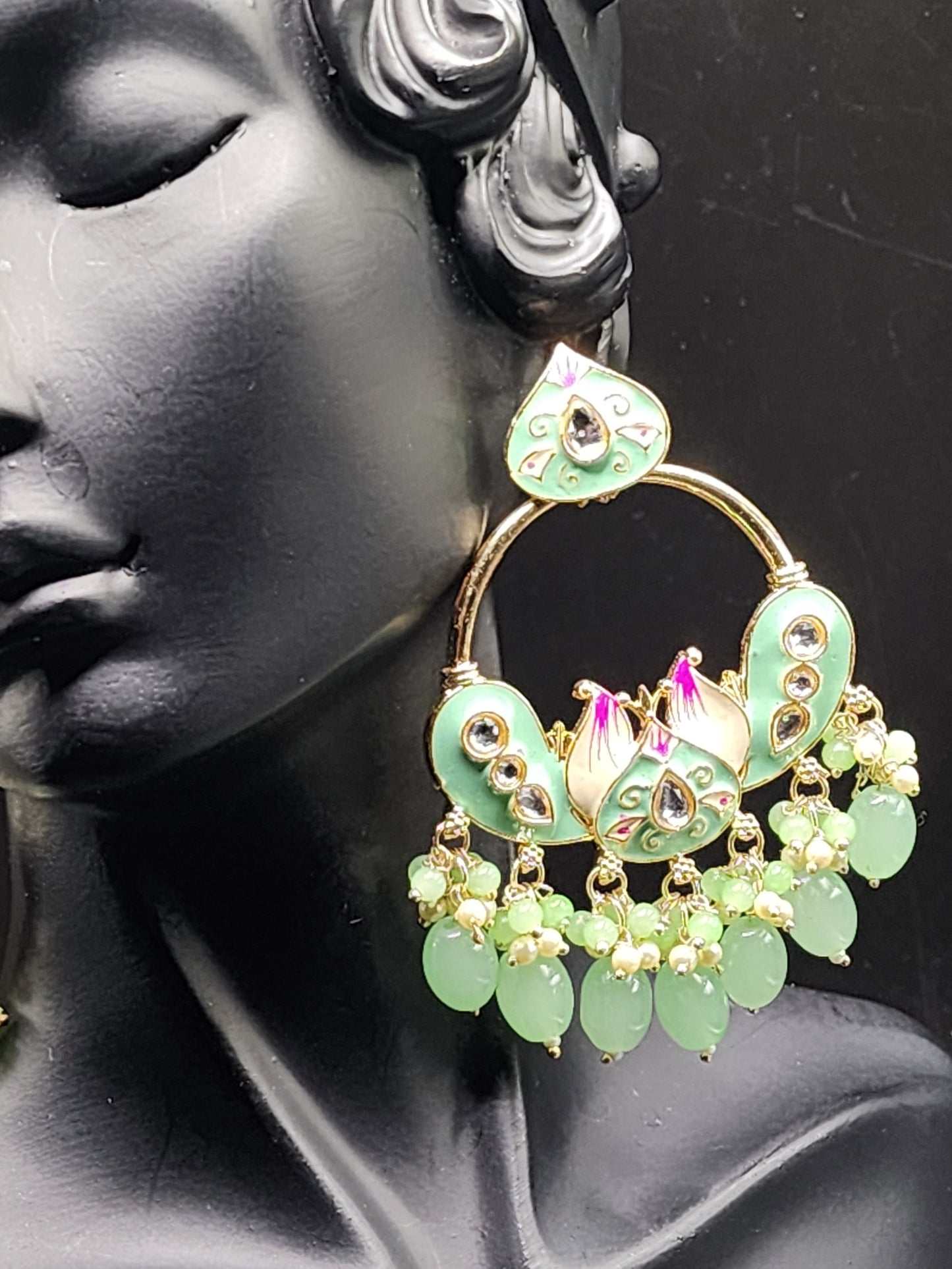 Mint Green Enamel Chandbali Earrings with Pearl Drops