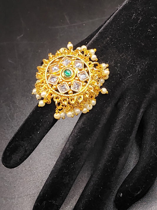 Royal Kundan Pearl Statement Ring | Gold Traditional Floral Ring