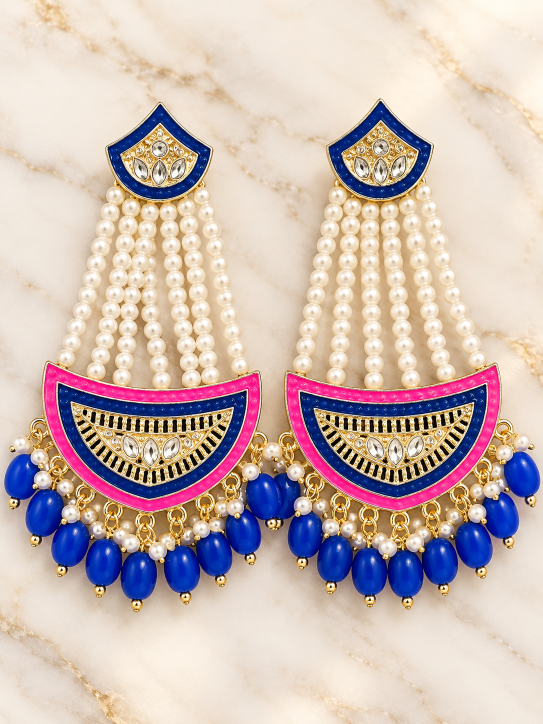 Royal Blue & Hot Pink Pearl Chandelier Earrings – Indian Statement Jhumkas