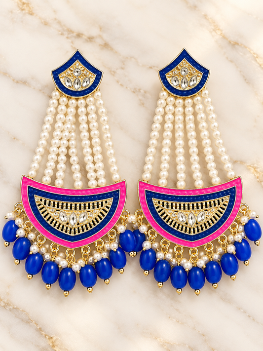 Royal Blue & Hot Pink Pearl Chandelier Earrings – Indian Statement Jhumkas