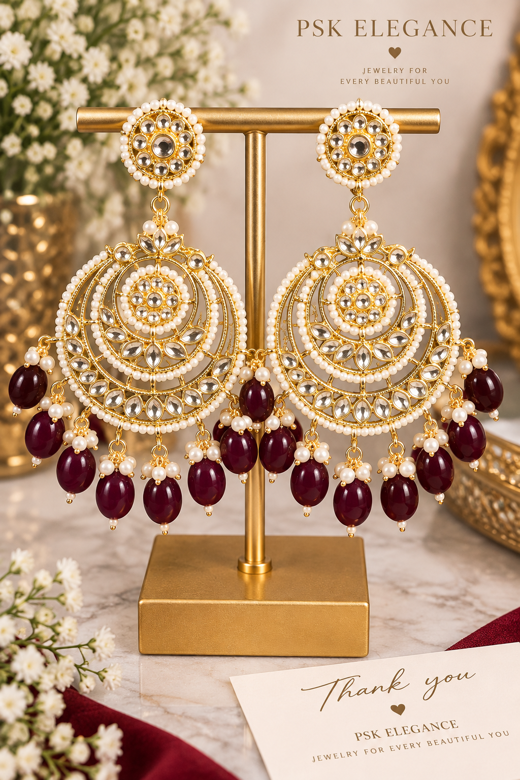 Gold & Burgundy Kundan Pearl Chandelier Earrings