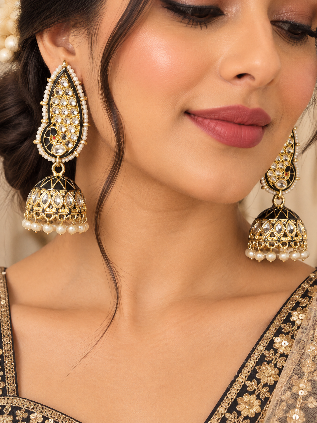 Black & Gold Kundan Pearl Jhumka Earrings – Statement Indian Jewelry