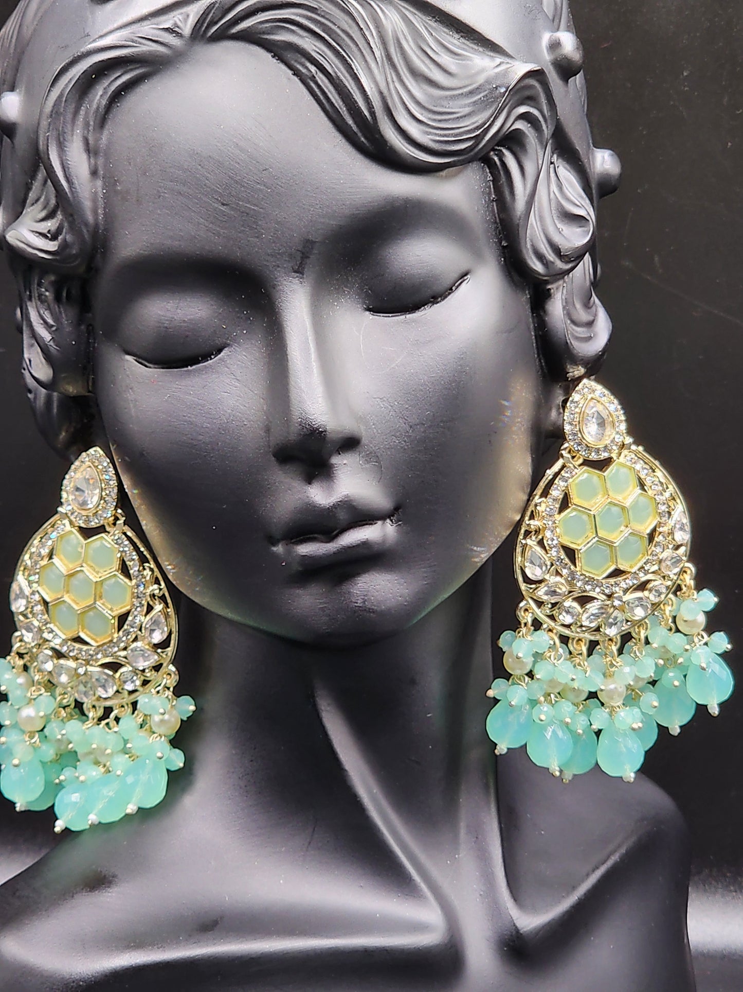 Mint Green Kundan Chandbali Earrings with Crystal Drops – Pastel Luxe