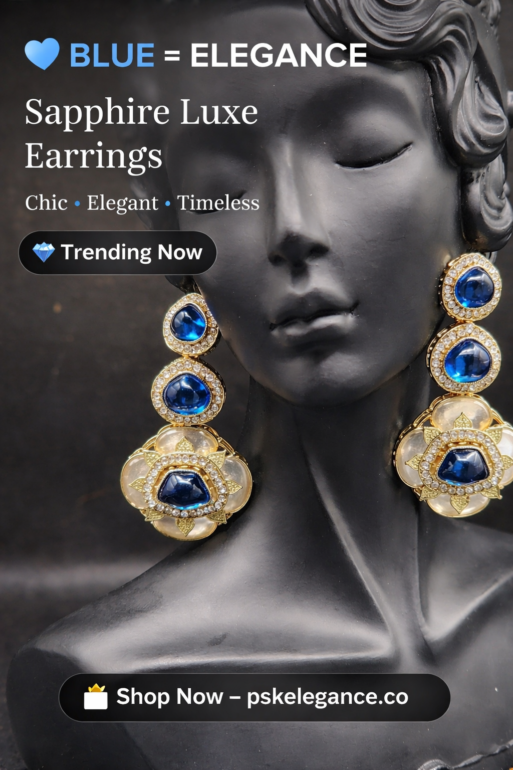 Sapphire Blue Kundan Floral Drop Earrings – Elegant Statement Luxe