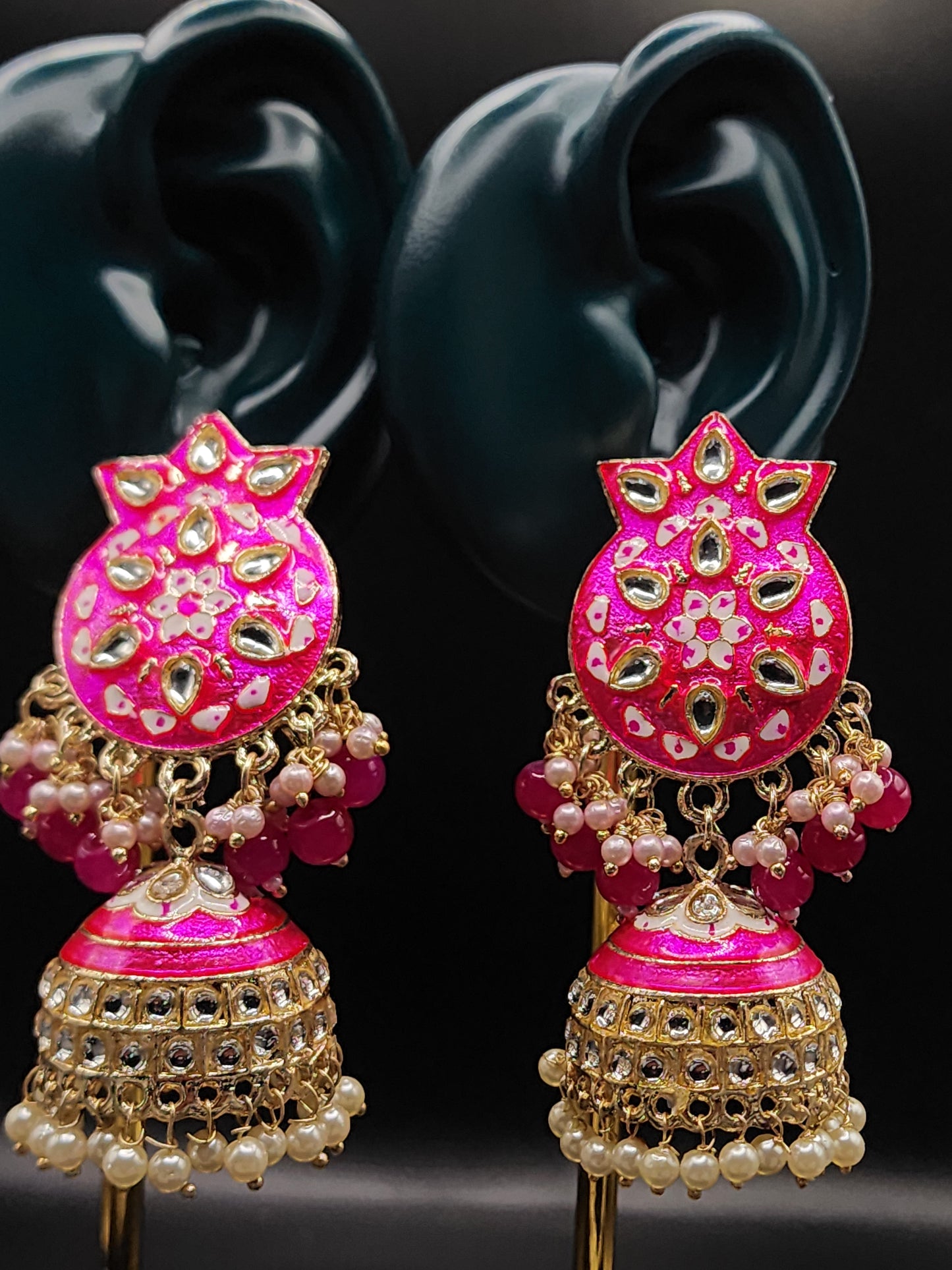 Hot Pink Meenakari Kundan Jhumka Earrings | Pearl Drop Indian Festive Earrings