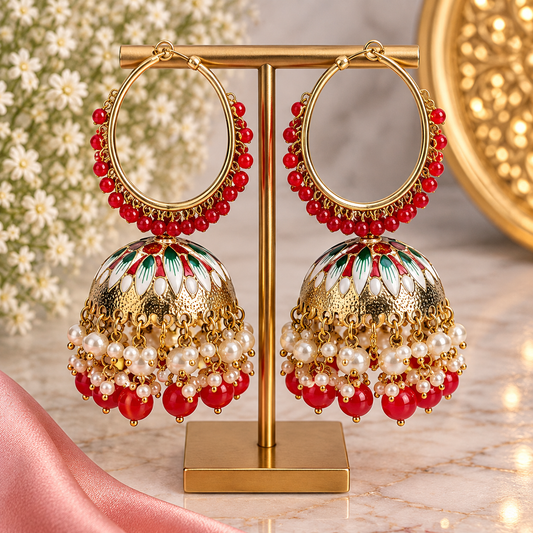 Red & Green Meenakari Hoop Jhumka Earrings | Pearl Statement Earrings