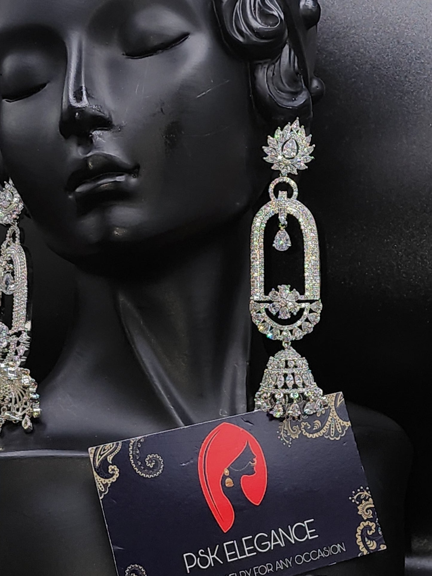 Silver Crystal Jhumka Statement Drop Earrings