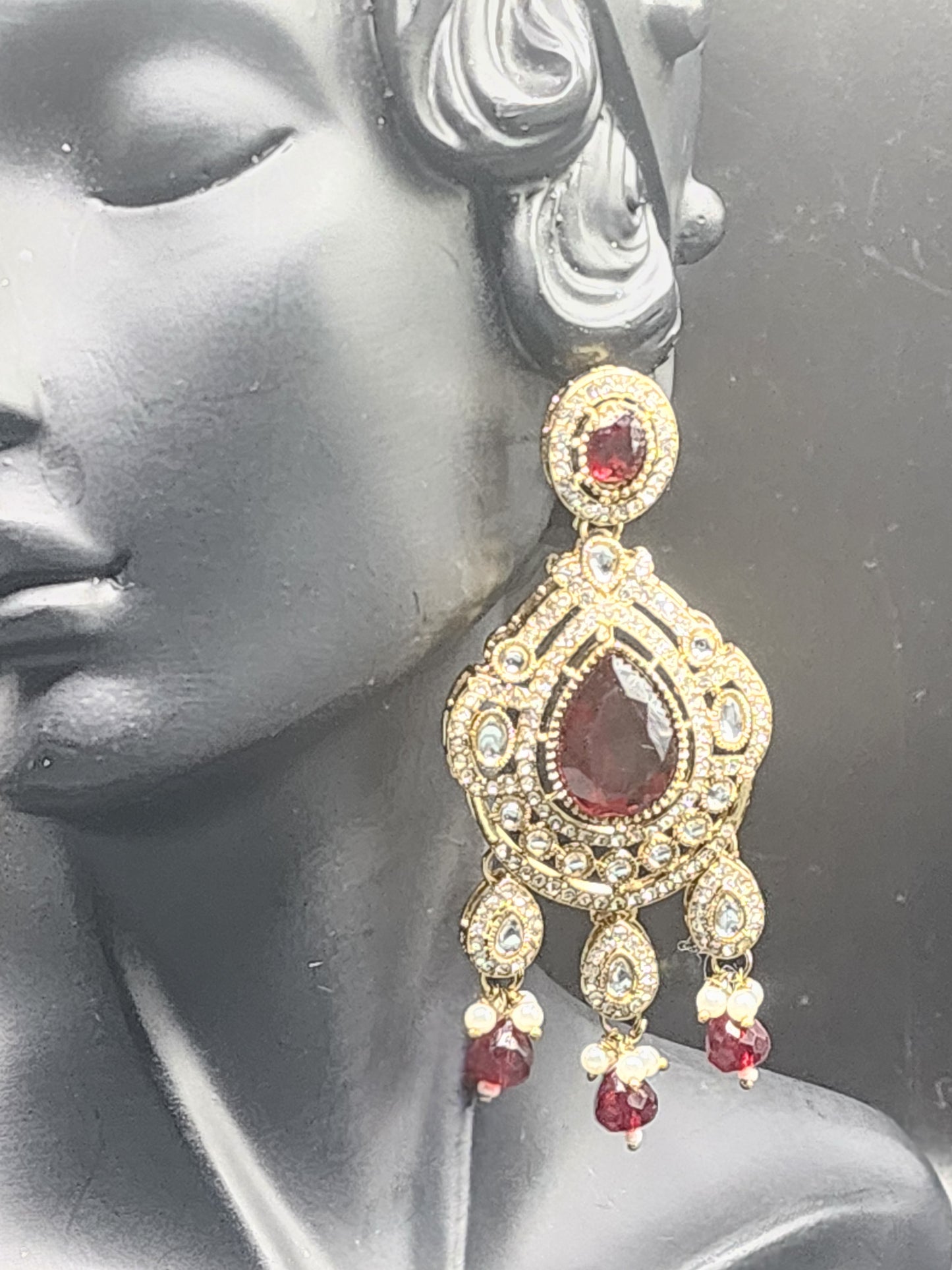 Ruby Red Kundan Chandbali Earrings with Pearl Drops – Bridal Luxe
