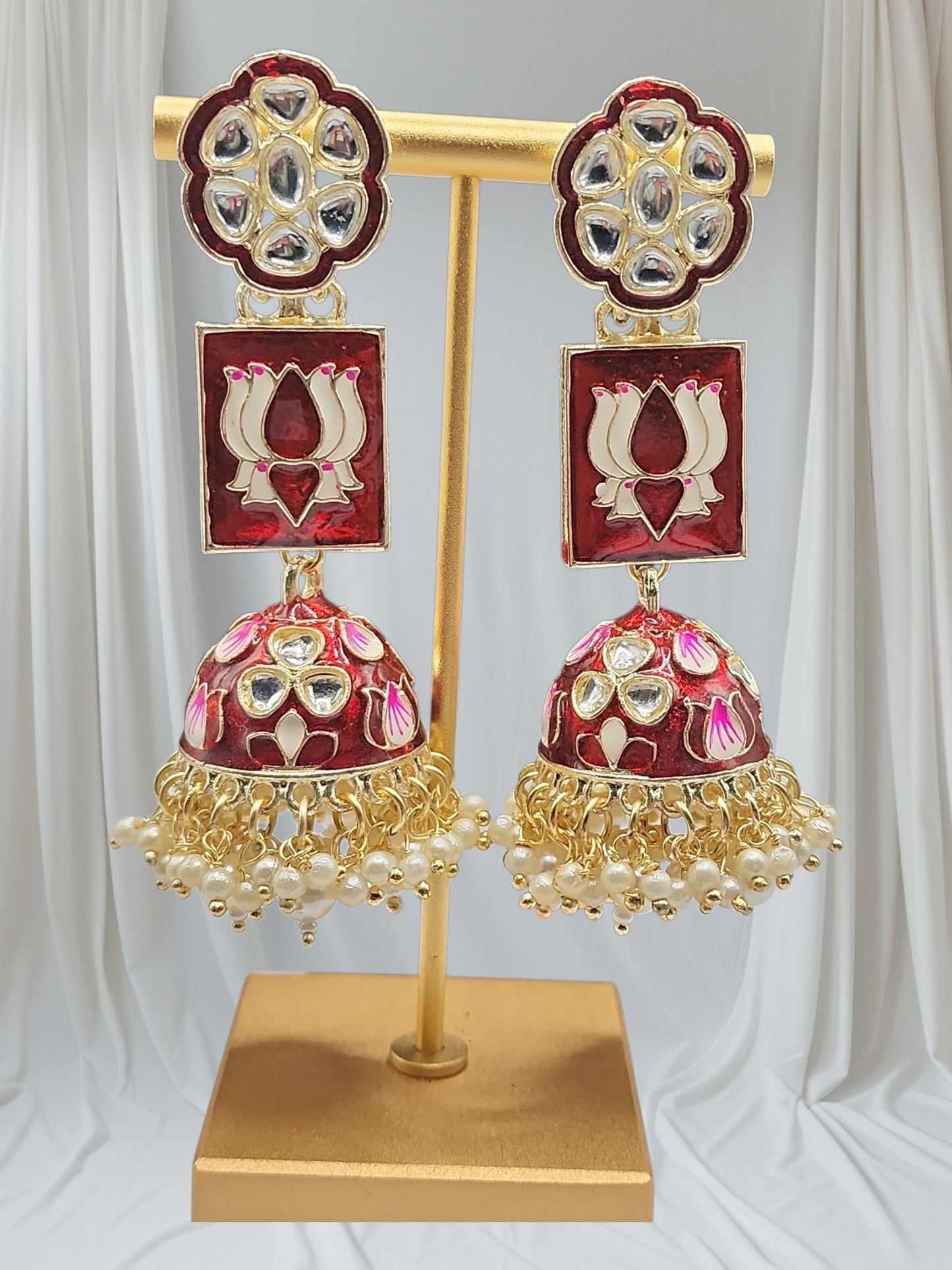 Burgundy Lotus Kundan Jhumka Earrings | Pearl Bead Indian Statement Earrings