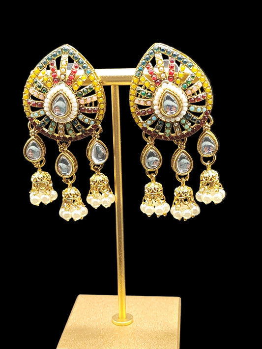 Multicolor Kundan Jhumka Drop Earrings with Pearl Danglers