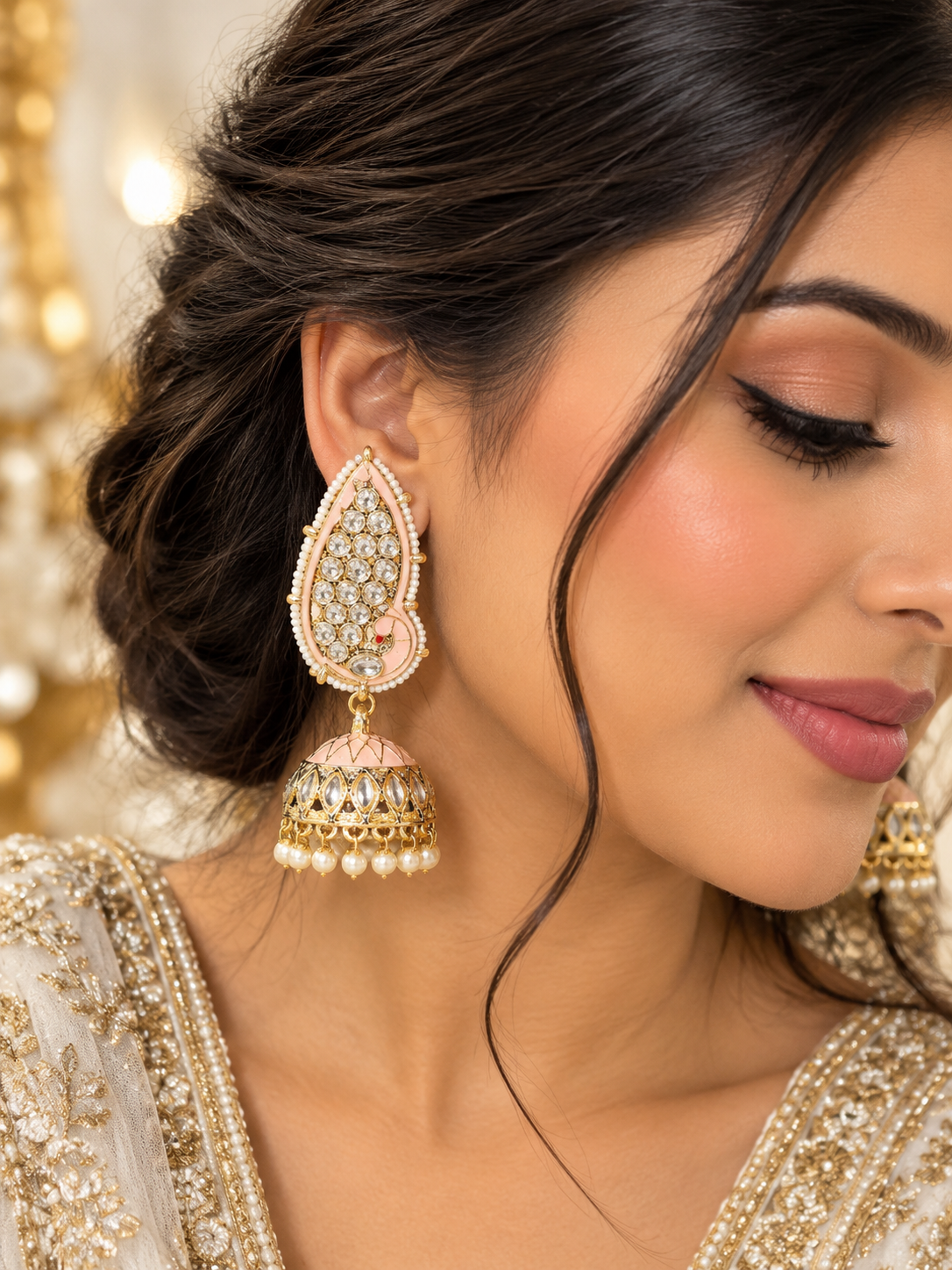 Pink Enamel & Pearl Embellished Gold Jhumka Earrings