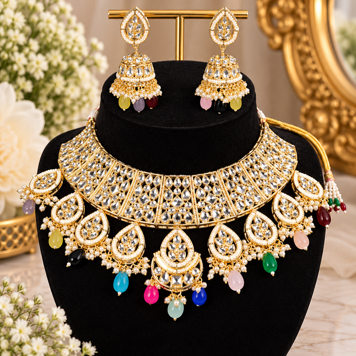 Multicolor Kundan Choker Necklace Set with Jhumka Earrings | Indian Bridal Jewelry