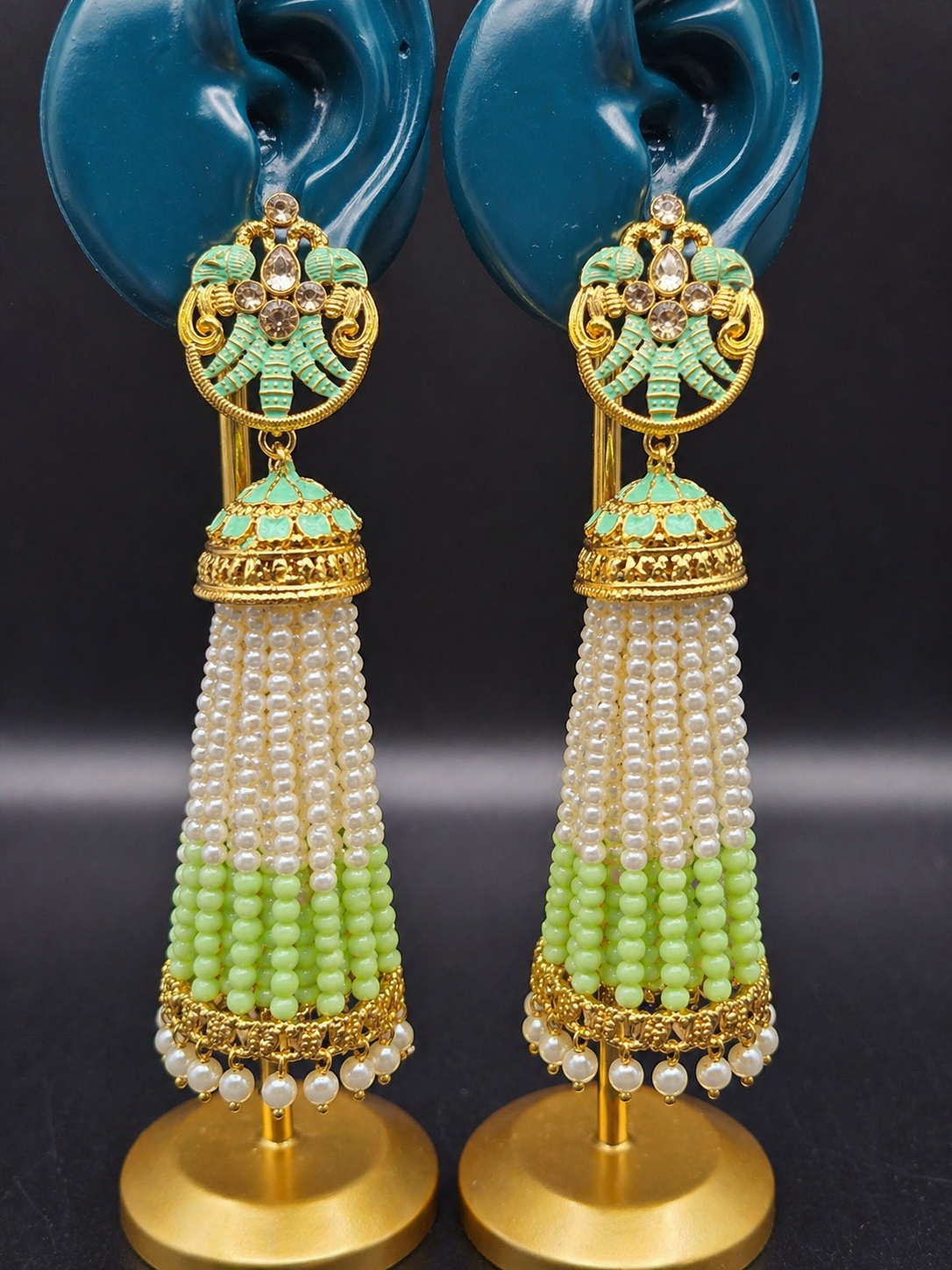 Mint Green Pearl Tassel Jhumka Earrings | Gold Indian Statement Earrings