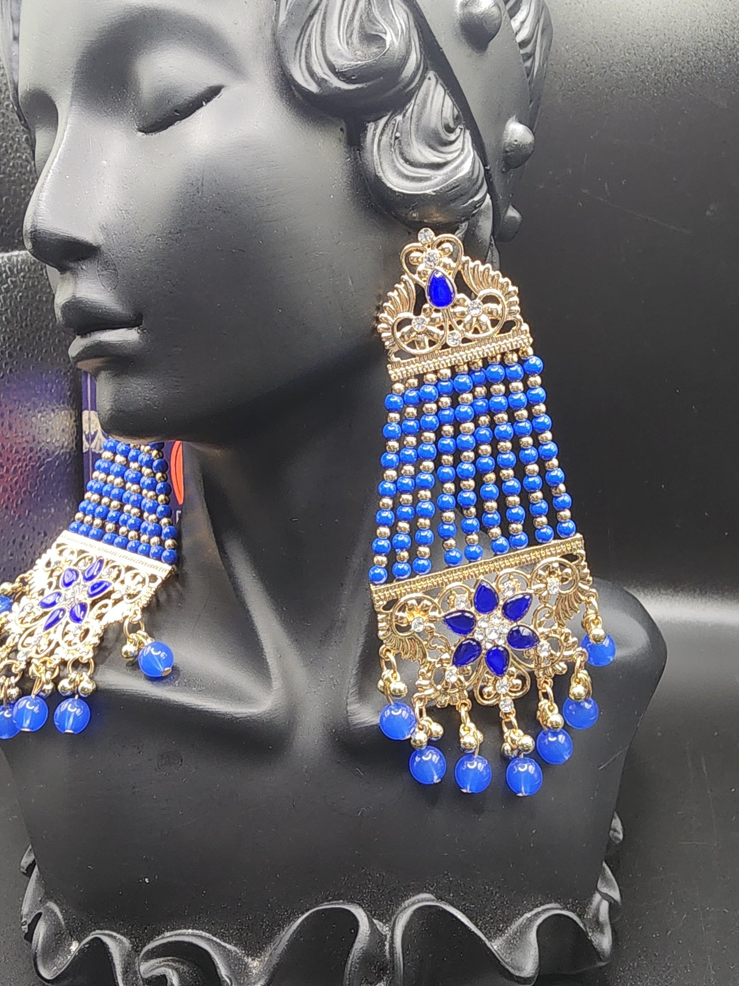 BLUE GOLD BEADS DANGLING EARRINGS