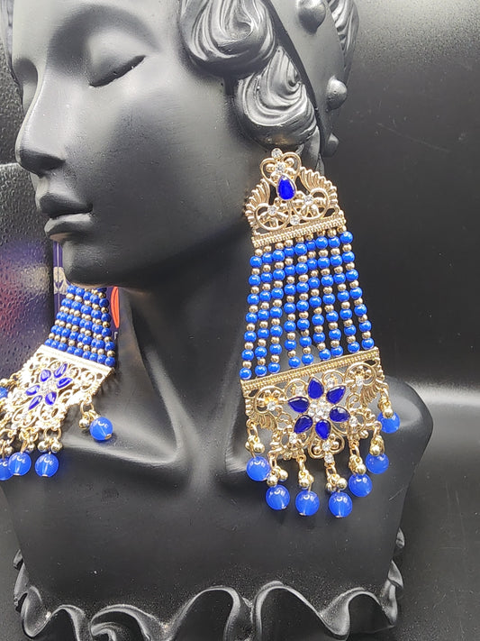 BLUE GOLD BEADS DANGLING EARRINGS
