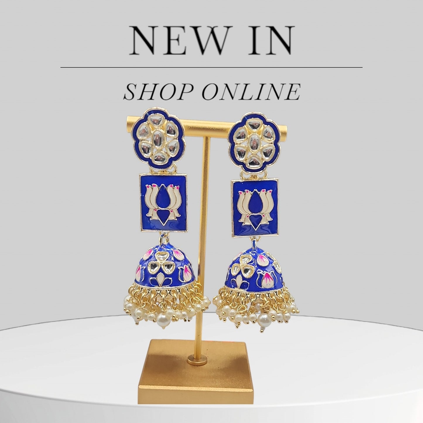 Royal Blue Meenakari Lotus Kundan Jhumka Earrings | Pearl Drop Indian Statement Earrings