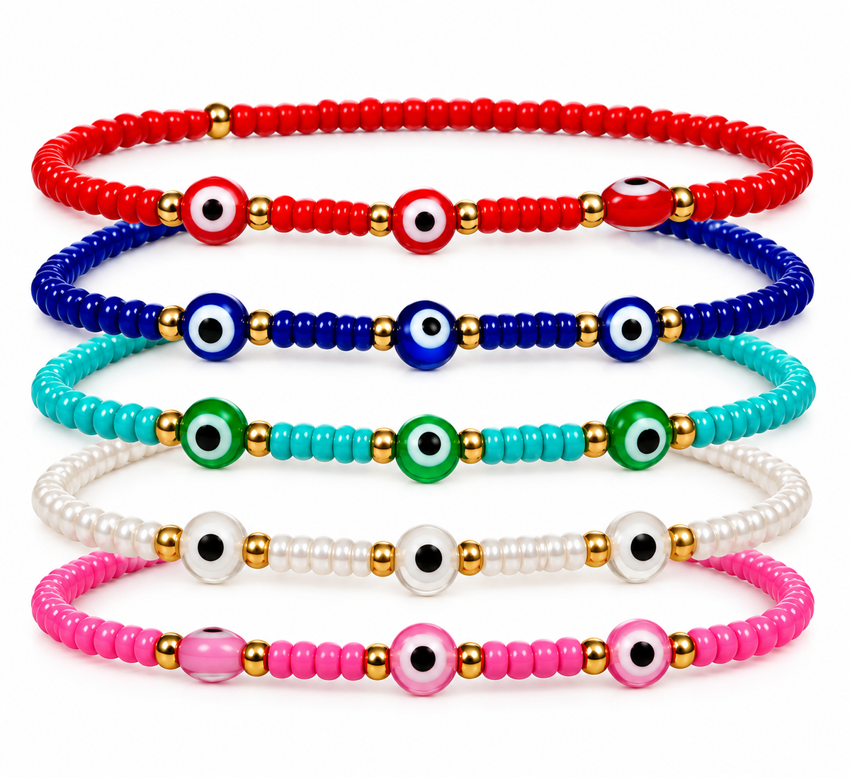 Multicolor Evil Eye Bead Bracelet Set – 5 Colors