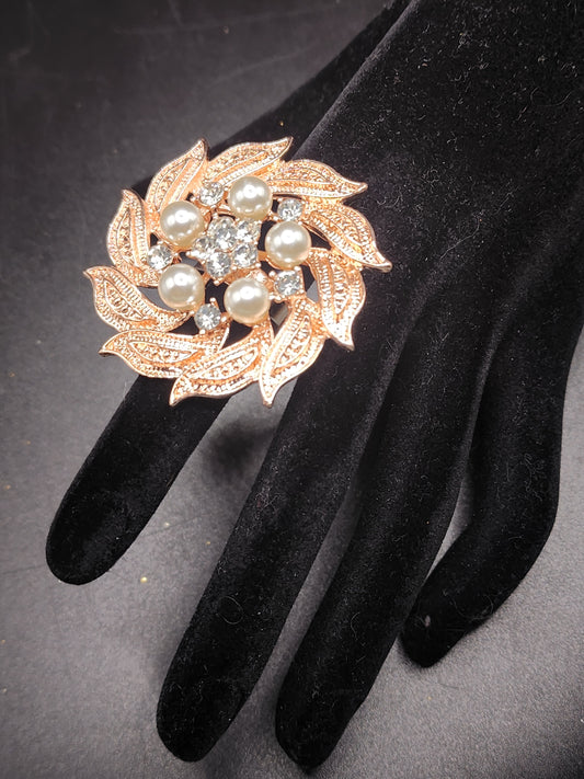 Rose Gold Pearl Floral Statement Ring | Elegant Crystal Leaf Ring